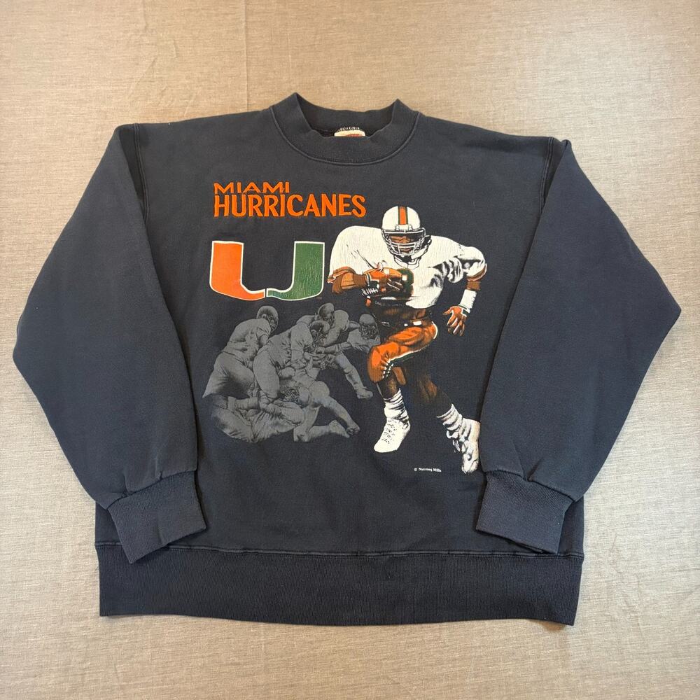 Nutmeg Mills Miami Hurricanes Vintage 90s Black Sweatshirt Size M Player Graphic